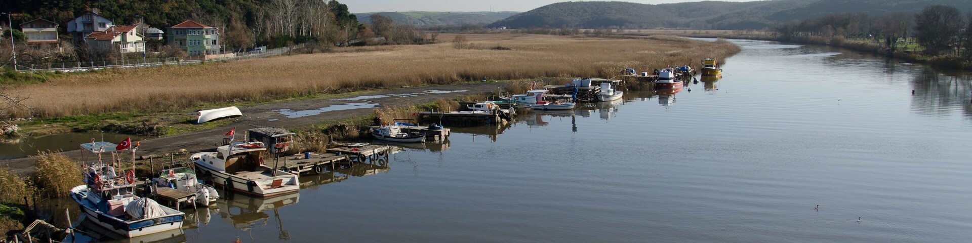 A calm river with boats docked along the shore, surrounded by hills and houses.