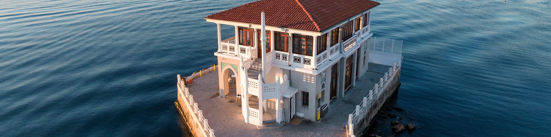 Historical Moda Pier. Moda neighbourhood of Kadikoy, Istanbul, Turkey. Beautiful aerial view. Drone shot.