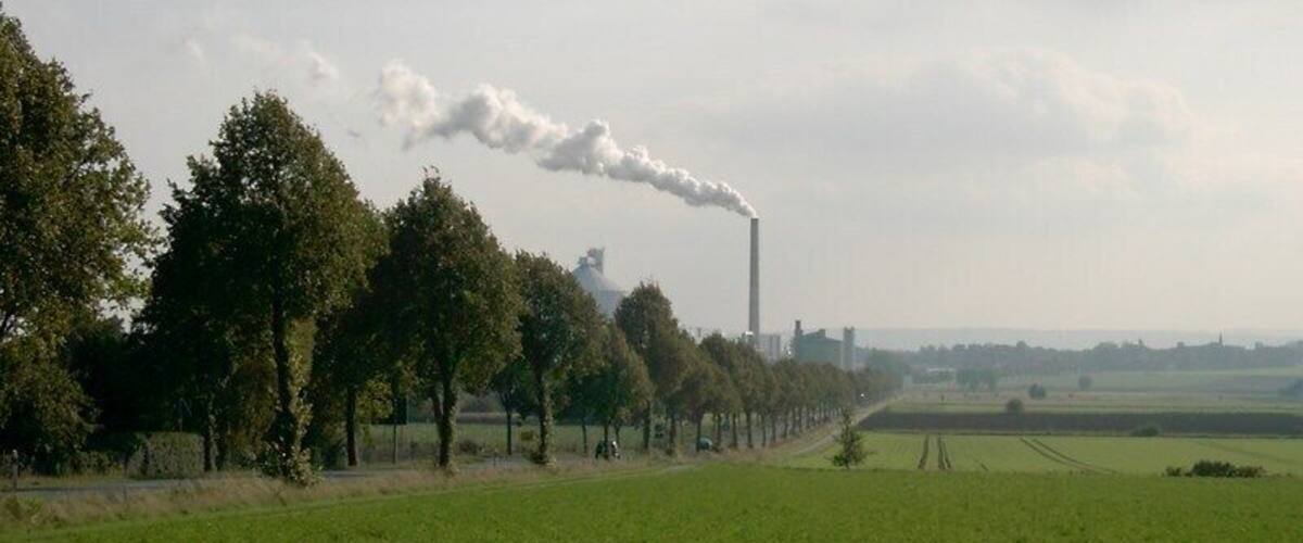 A green field with trees and a factory emitting smoke.