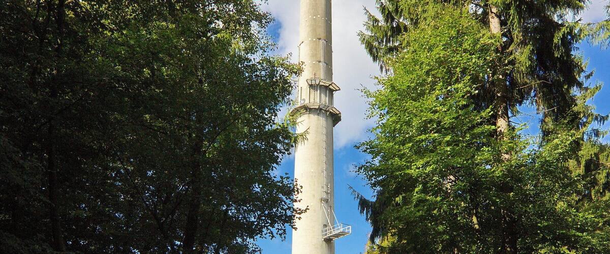 A tall tower with a circular observation deck surrounded by trees.