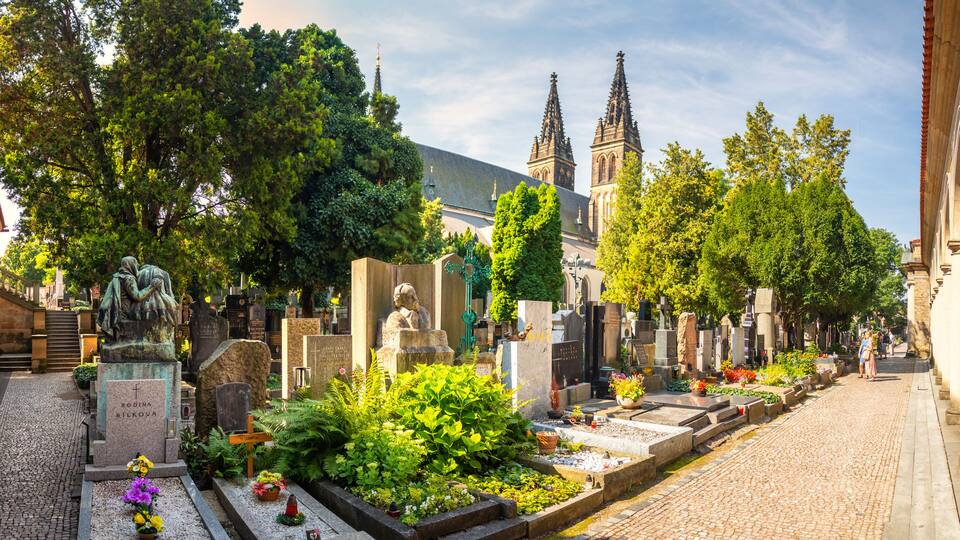 Vysehrad Cemetery, Prague, Czech republic - panorama of the cemetery with arcades and graves of famous personalities