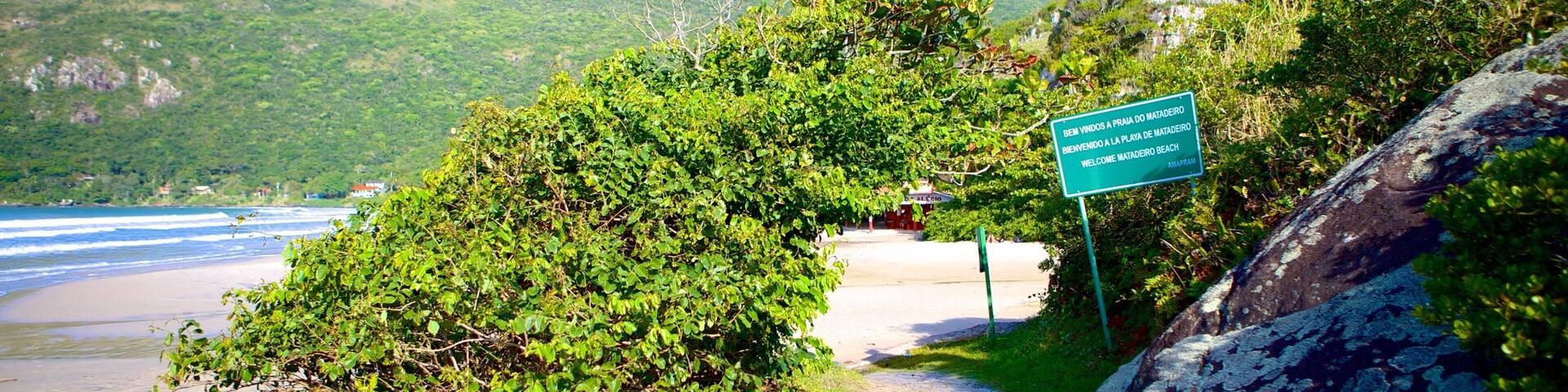 A coastal path with lush greenery, a beach, and a sign welcoming visitors to Matadeiro Beach.