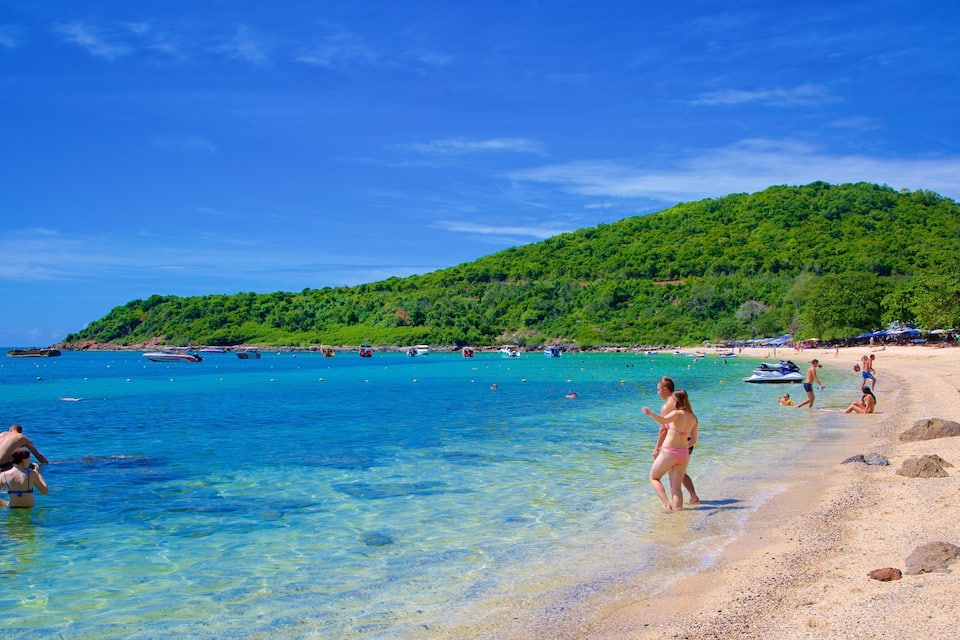 A beach with clear turquoise water, people swimming and sunbathing, and a green hill in the background.