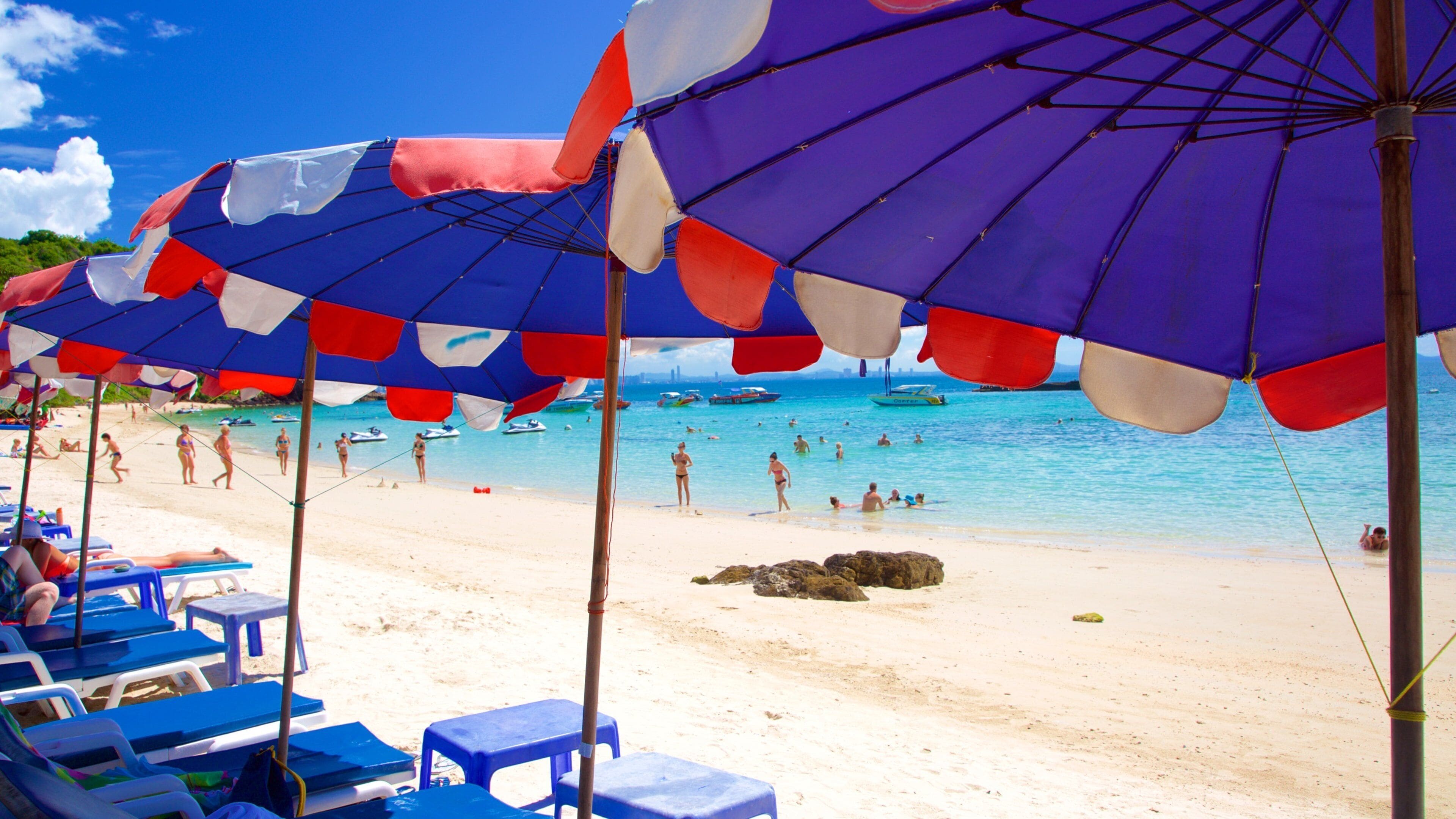 A beach with rows of blue and white umbrellas and chairs.