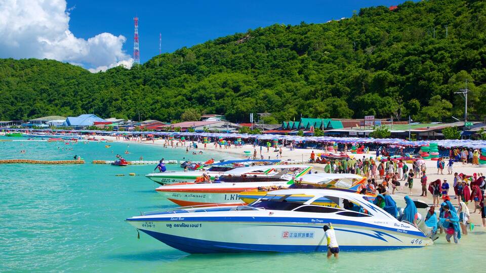 A crowded beach with numerous boats and people.