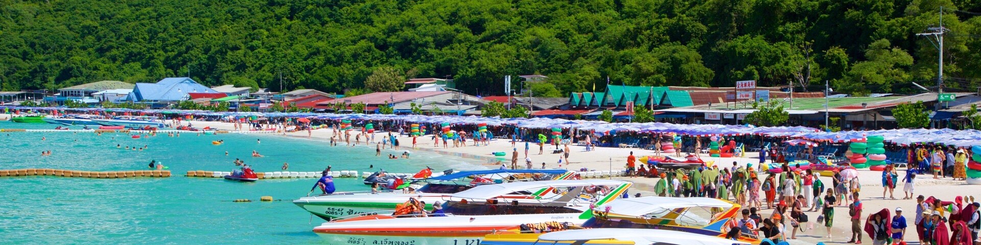 Ta-Yai Beach showing boating and a beach as well as a large group of people