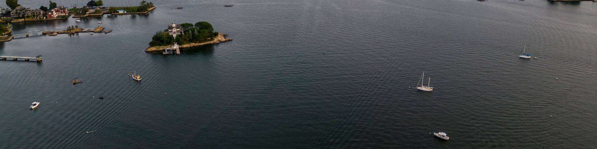 Aerial shot of the Thimble Islands in Branford, CT, USA
