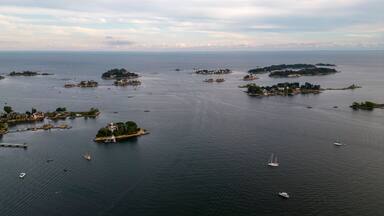 Aerial shot of the Thimble Islands in Branford, CT, USA