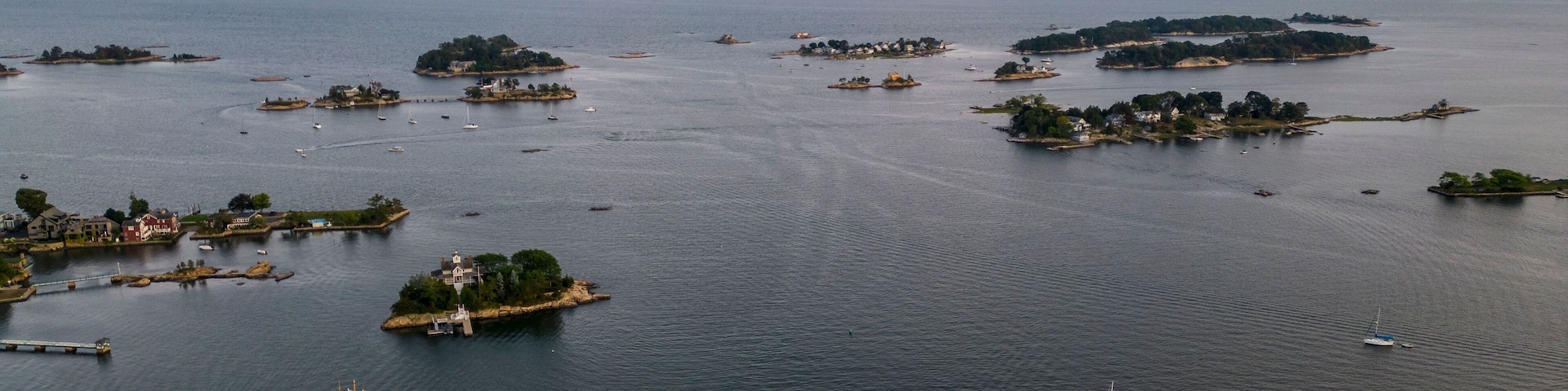 Aerial shot of the Thimble Islands in Branford, CT, USA