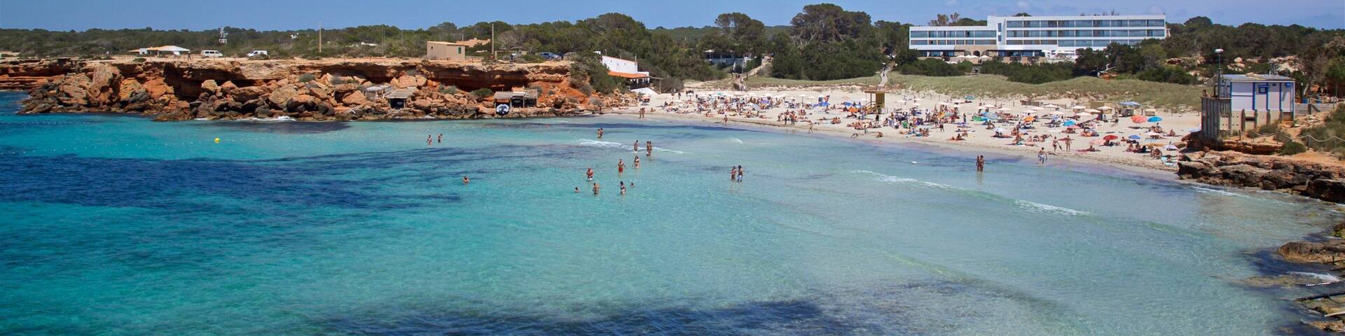 Cala Saona showing rocky coastline and general coastal views