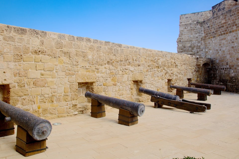 A row of cannons mounted on stone walls, likely part of a historical fortification.