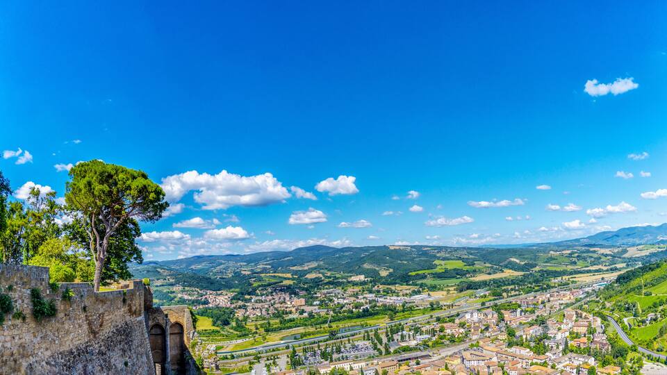A panoramic view of a town with a prominent stone wall and a large tree on the left.