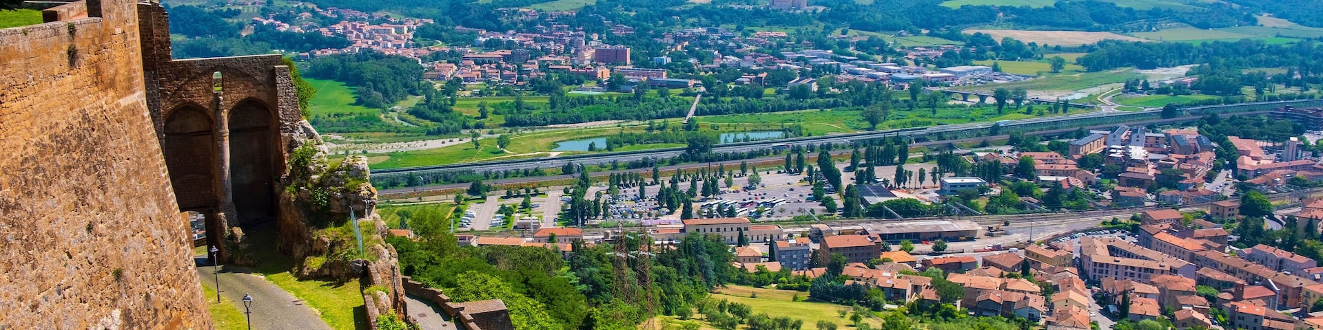 Orvieto, Italy - Panoramic view of old town defense walls and Umbria region seen from historic old town of Orvieto