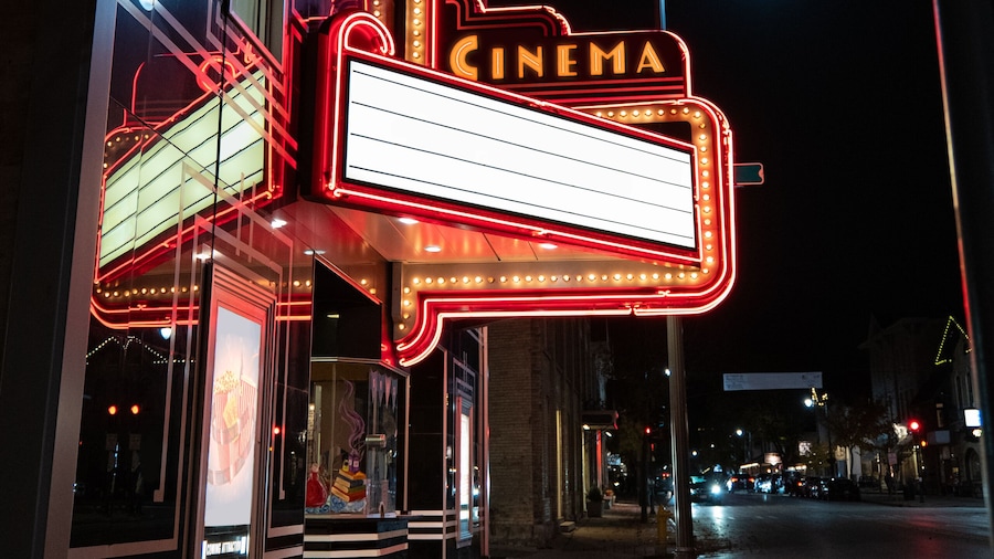 Generic Movie Theater in Small Town with Blank Marquee To Add Your Own Text