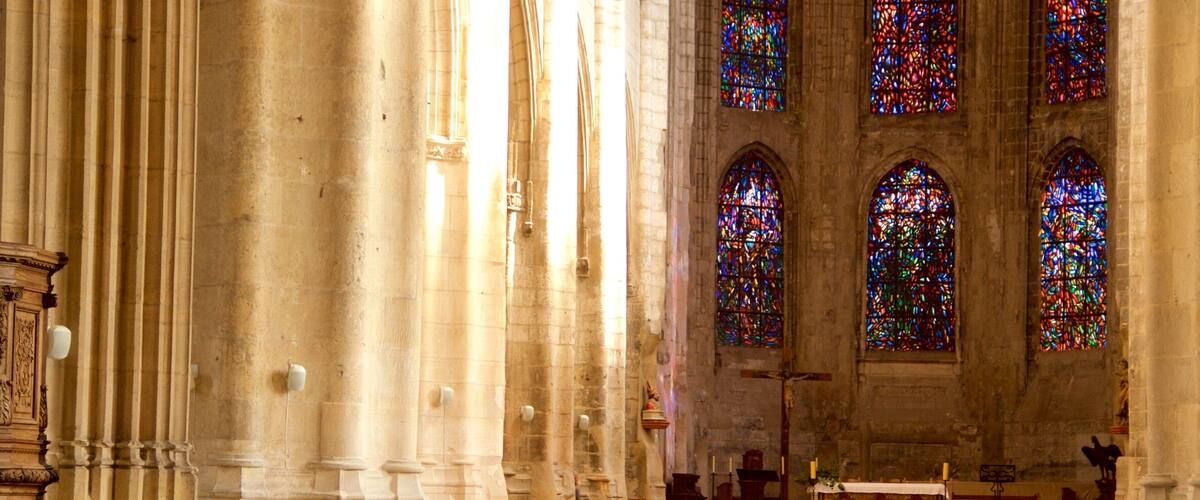 A cathedral interior with rows of wooden pews, tall stone columns, and colorful stained glass windows.