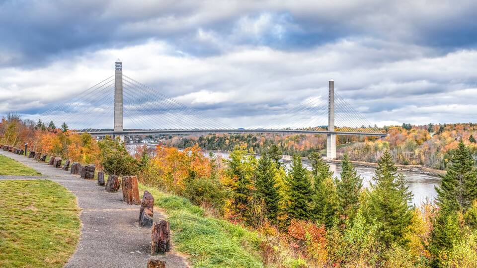 A suspension bridge with a river below, surrounded by autumn foliage.