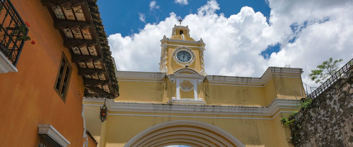 Antigua Guatemala, Guatemala - June 29, 2025: Arch of Santa Catalina in Antigua Guatemala, Sacatepequez, Guatemala.