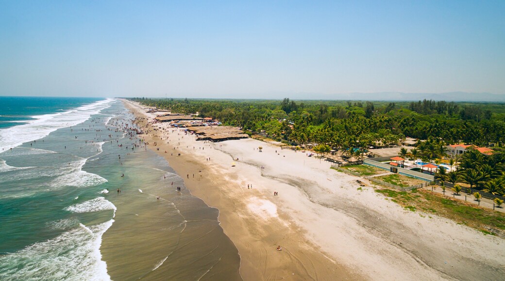An aerial view of the shoreline of the Costa del Sol beach in La Paz, El Salvador.