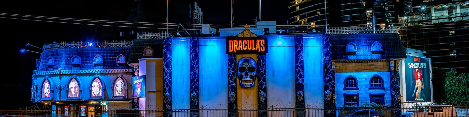Gold Coast, Queensland, Australia - Oct 4, 2022: Dracula's Cabaret building illuminated at night