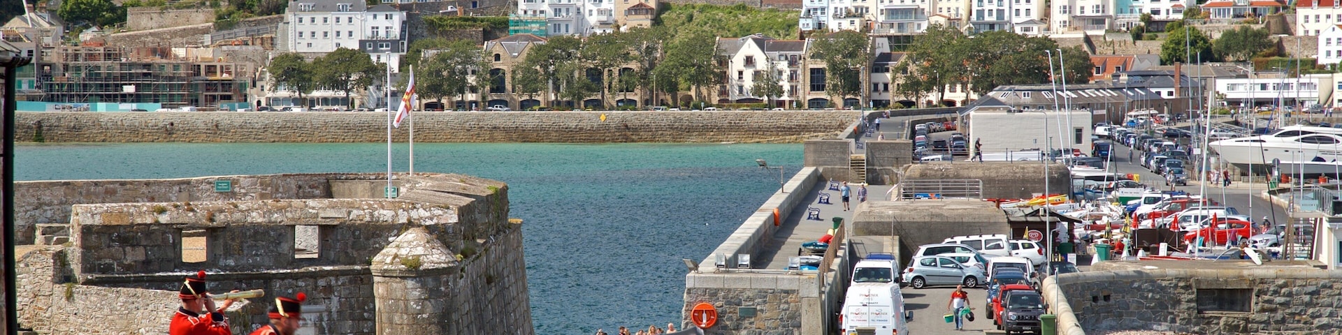 A coastal town with a historic cannon, stone walls, and a marina.