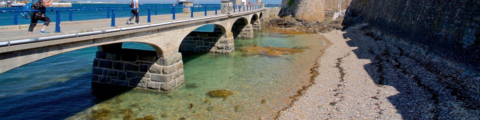 Castle Cornet featuring heritage elements, a bridge and general coastal views