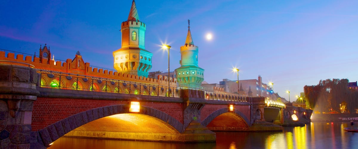 Oberbaum Bridge featuring night scenes, a river or creek and a city