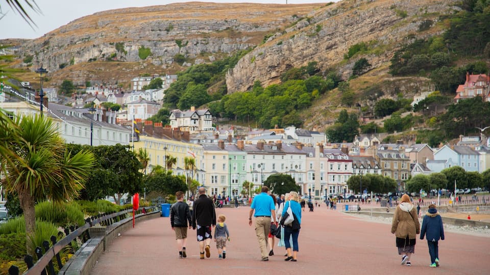 A coastal town with colorful buildings, a promenade, and a hillside in the background.