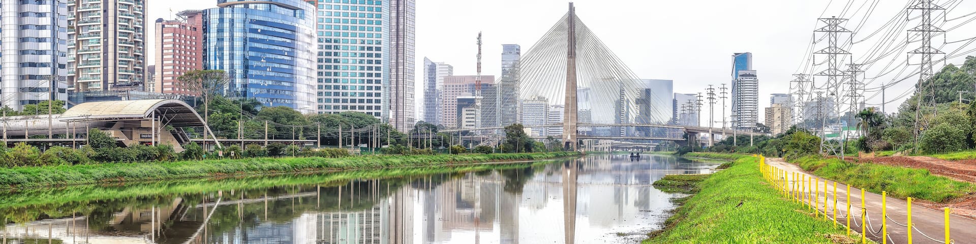 Famous Cable-Stayed Bridge and Office Buildings in São Paulo City, Brazil