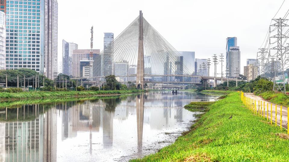 Famous Cable-Stayed Bridge and Office Buildings in São Paulo City, Brazil