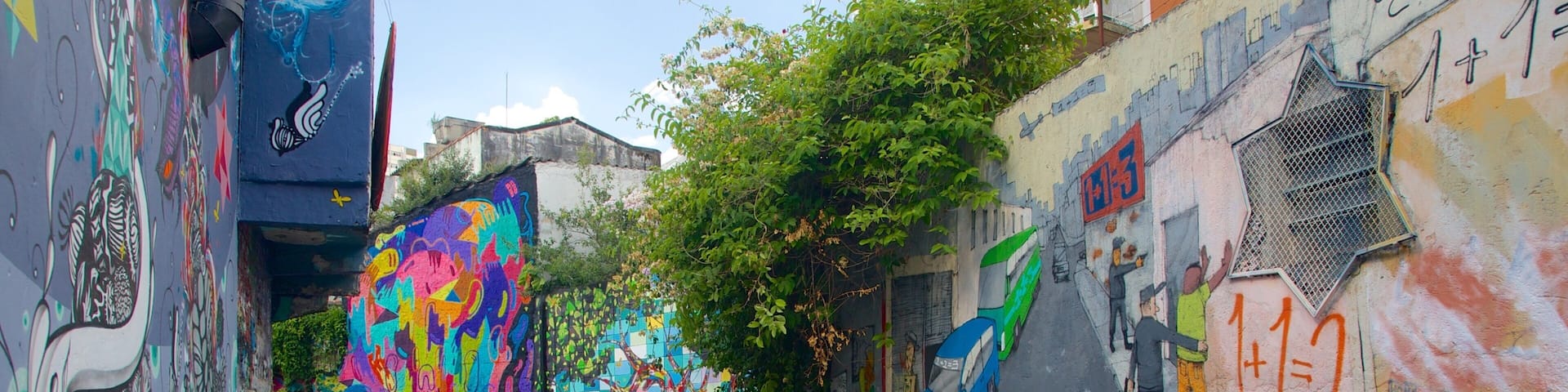 A cobblestone alley with colorful graffiti on the walls.