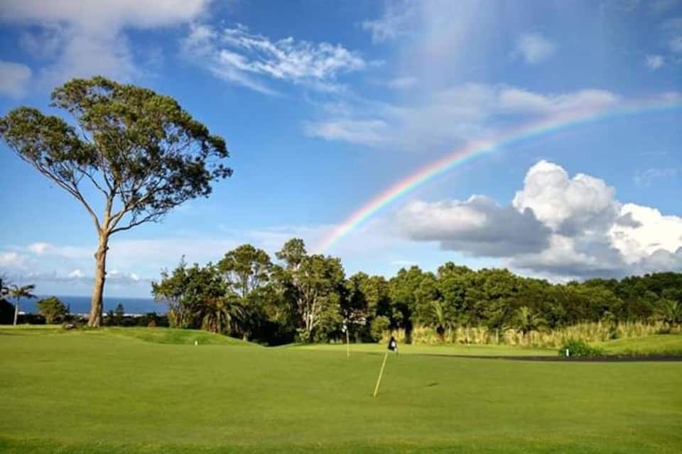 Een golfbaan met een regenboog, een grote boom en uitzicht op de oceaan.
