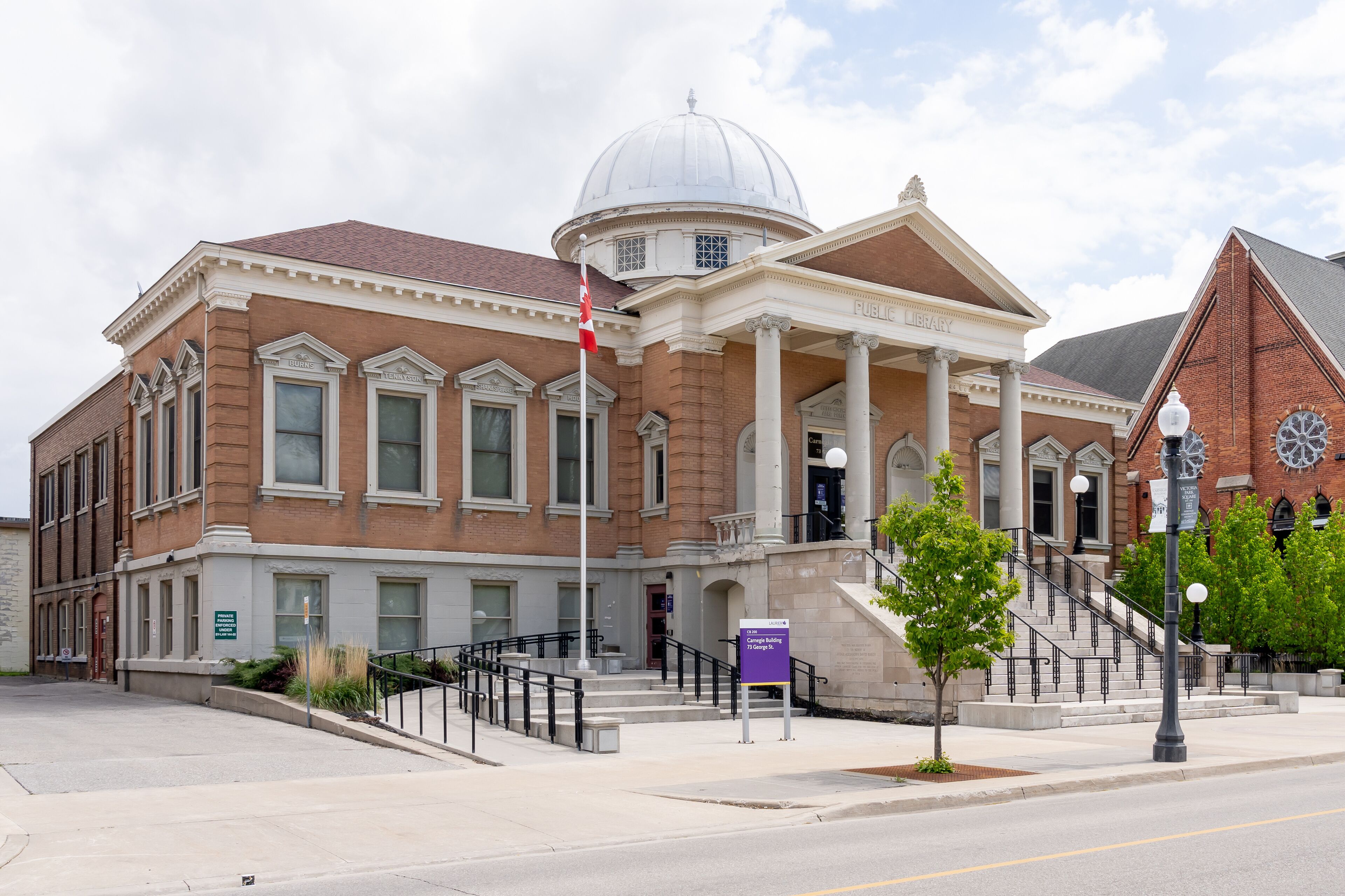 

Brantford, On, Canada - May 8, 2021: Carnegie Library Building in Brantford, On, Canada. Carnegie building was designed in the Beaux Arts style and was constructed between 1902 and 1904.
