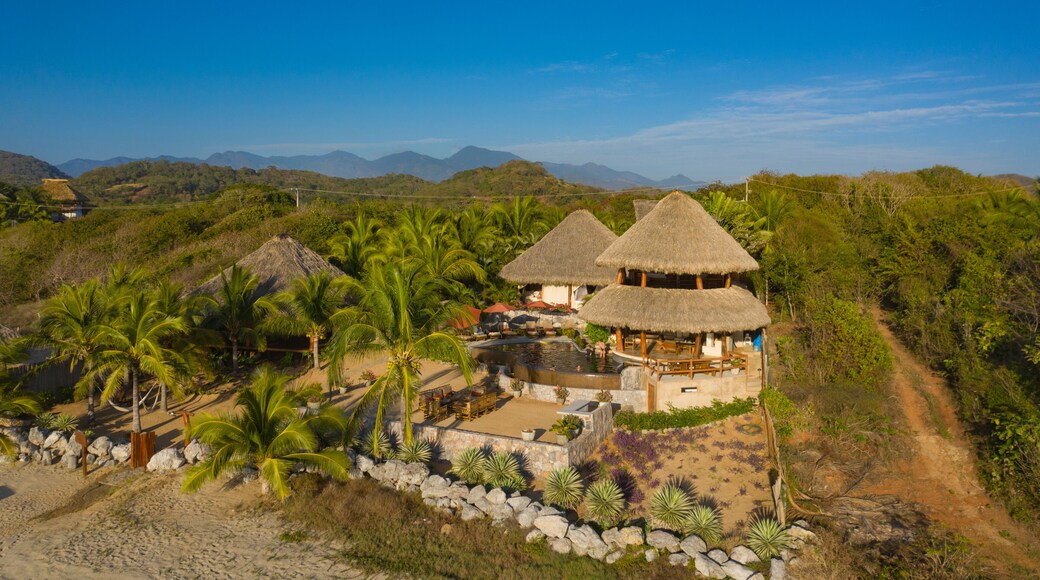 Aerial view of luxury villa with thatched roof surrounded by palm trees and ocean, Troncones, Mexico.