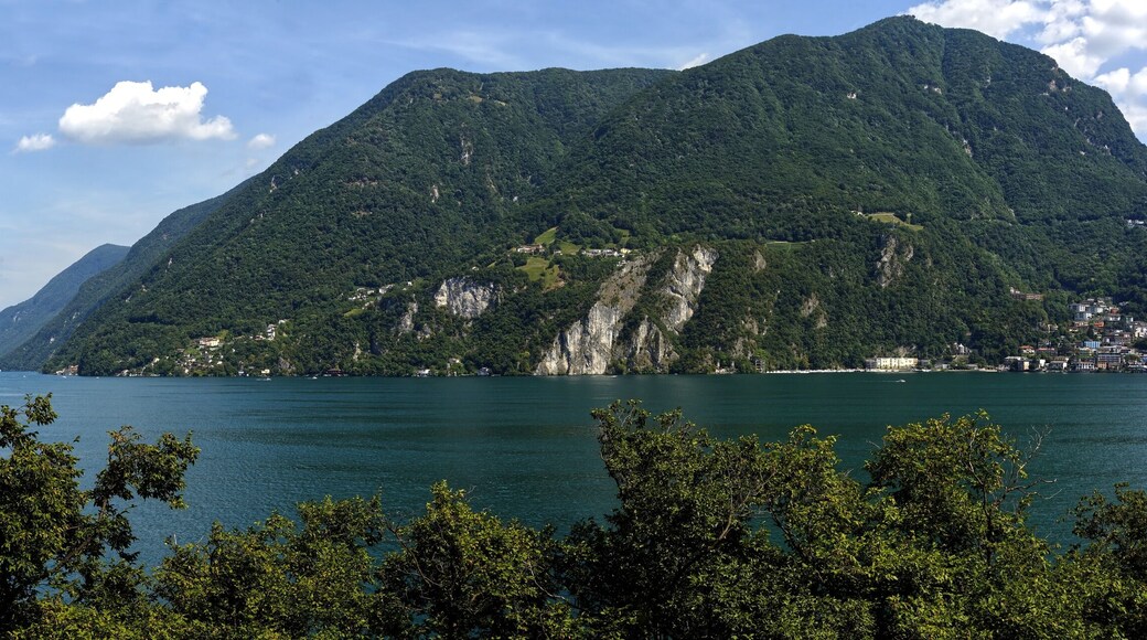Panorama of Lake Lugano with Monte Brè and Campione d`italia.