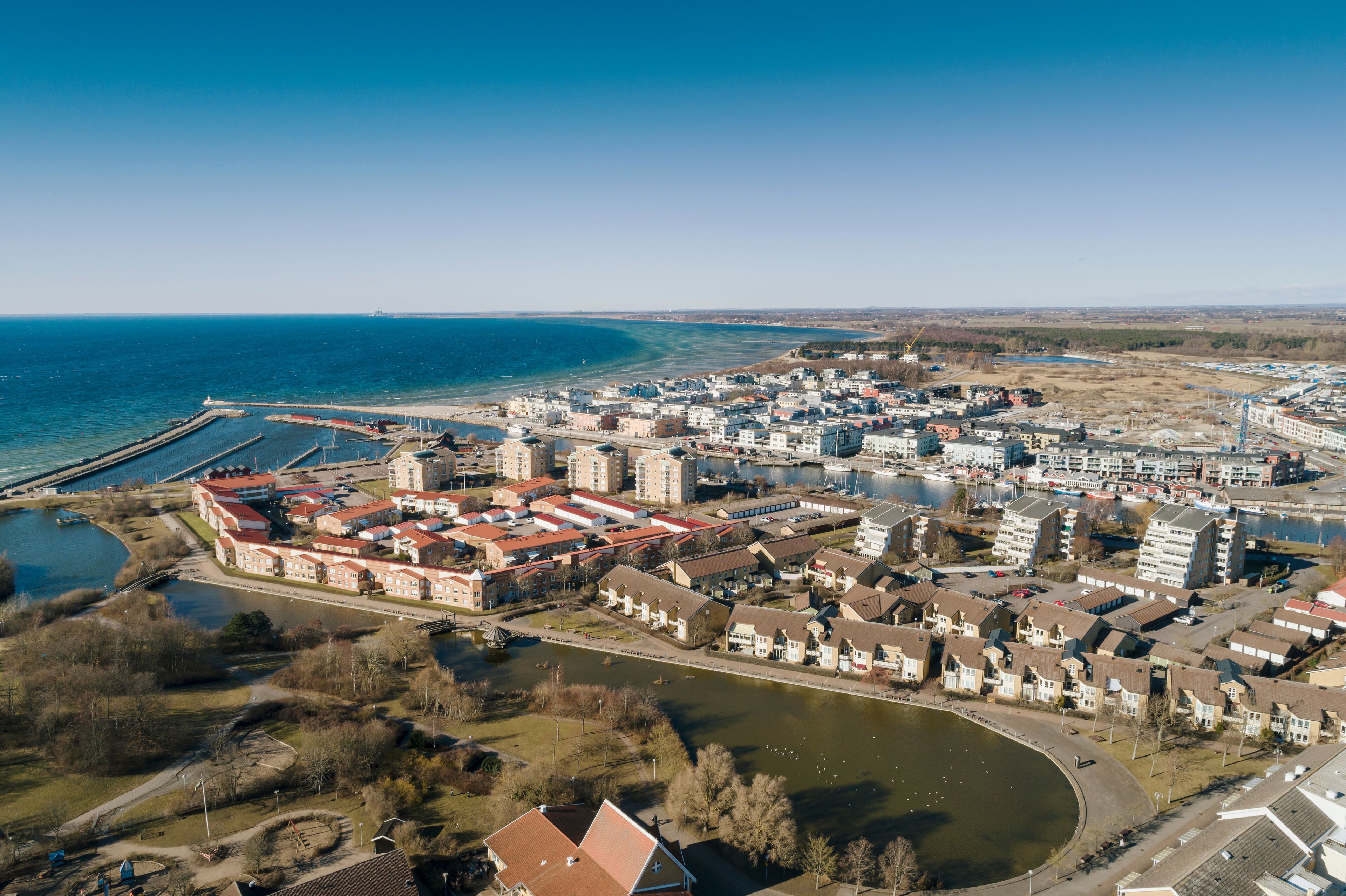 Aerial view of residential houses on sea coast