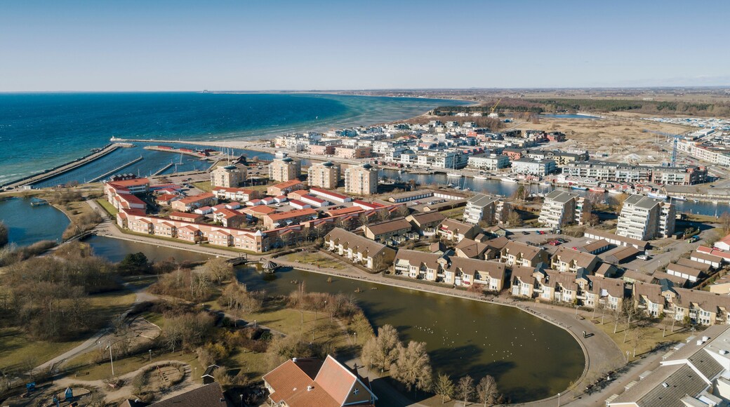 Aerial view of residential houses on sea coast