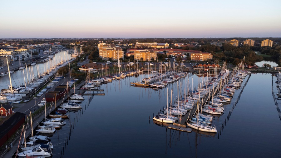 Sundown at small town harbor
