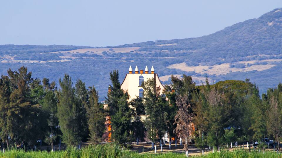 A church with a bell tower surrounded by trees and a hilly landscape in the background.