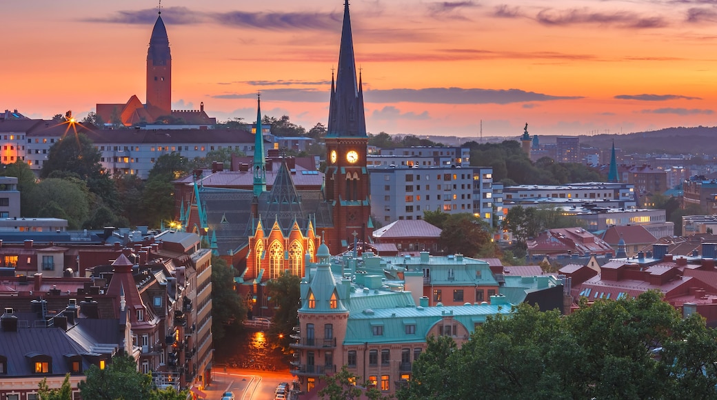Scenic aerial view of the Old Town with Oscar Fredrik Church in the gorgeous sunset, Gothenburg, Sweden.