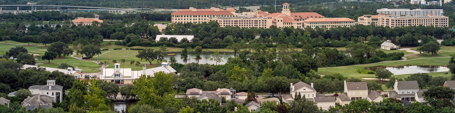 Aerial image of Celebration Florida and Hospital, USA. July 3, 2025.