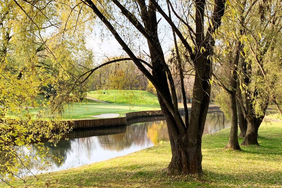 A serene golf course with a pond, surrounded by trees and a clear sky.