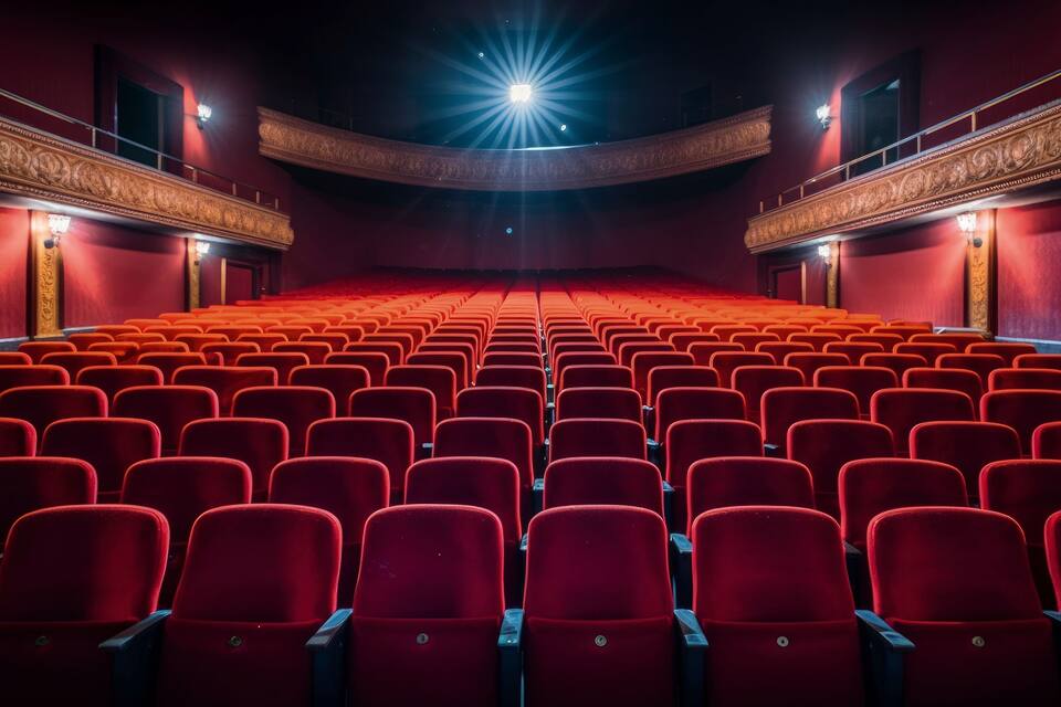 A theater with red seats and ornate balconies.