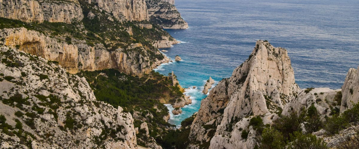 A view of the sea, coast and rock formations at Calanques National Park, South of France.