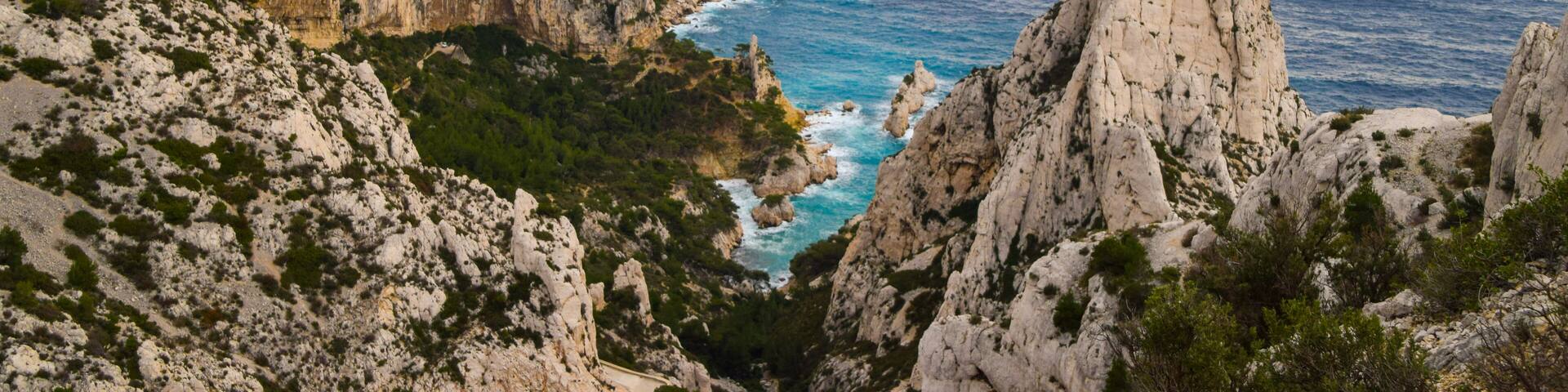 A view of the sea, coast and rock formations at Calanques National Park, South of France.