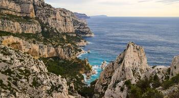 A view of the sea, coast and rock formations at Calanques National Park, South of France.