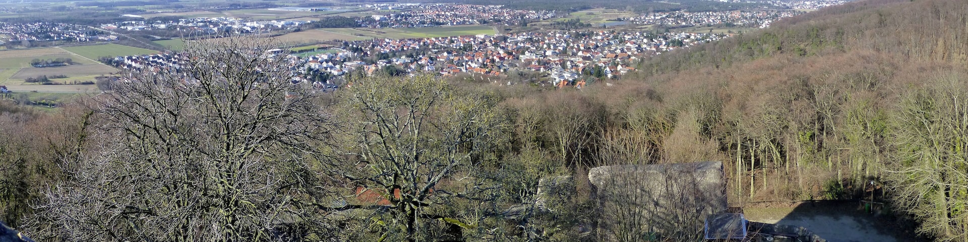 120°-Panoramablick vom Bergfried des Alsbacher Schlosses nach Nordnordwesten; Bildmitte Alsbach, dahinter Bickenbach; mittig links Hähnlein; mittig rechts Seeheim-Jugenheim, dahinter rechts der Langenberg; in der Ferne der Taunus