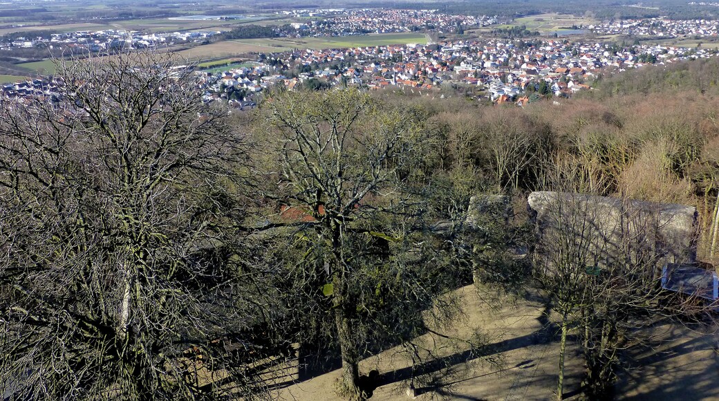 Blick vom Bergfried des Alsbacher Schlosses nach Nordnordwesten; vorne Alsbach, mittig dahinter Bickenbach; weiter entfernt mittig rechts Pfungstadt und am Horizont der Taunus