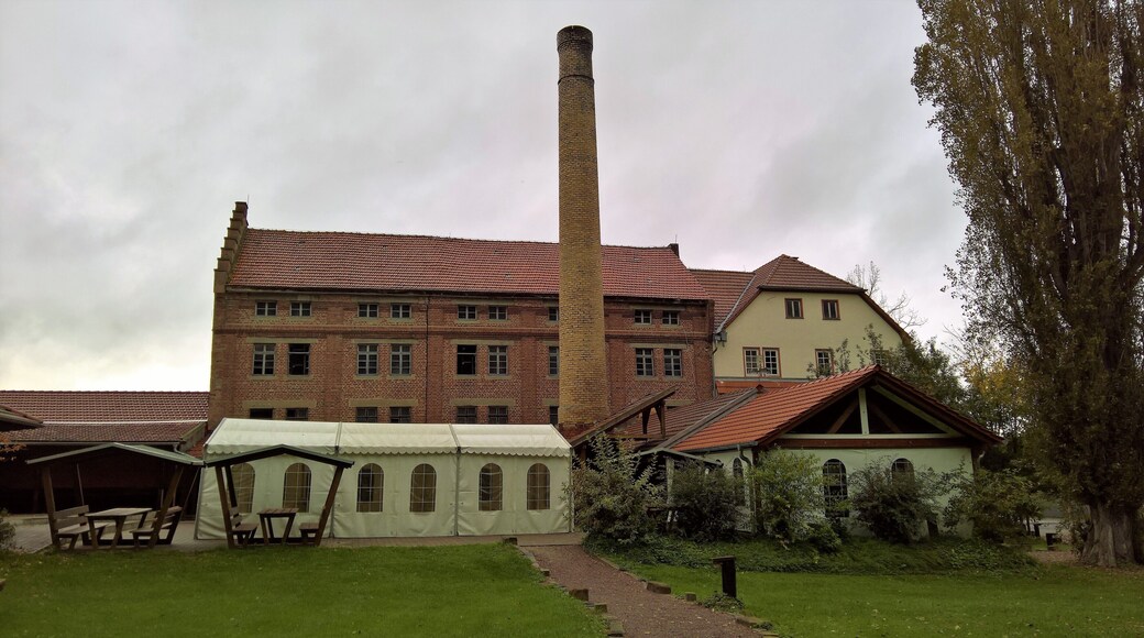 Die Haxenmühle: Kultur- und Industriedenkmal in Groß-Umstadt an der B45, Blickrichtung Nordwesten auf das Mühlenhaus/Turbinenhaus/Schornstein/Wohnhaus rechts