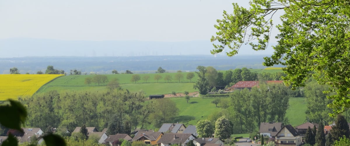 Aussichtspunkt bei Raibach, im Vordergrund sieht man Raibach und im Hintergrund kann man die Skyline von Frankfurt am Main im Dunst ausmachen.