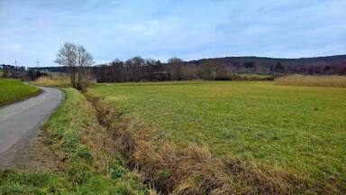 Das Tal der Wรคchtersbach mit Blick zur Stelle der heutigen Wรผstung und des ehemaligen Dorfes Wรคchtersbach mit eigener Gemarkung; 1504 in der Bayerischen Fehde untergegangen.